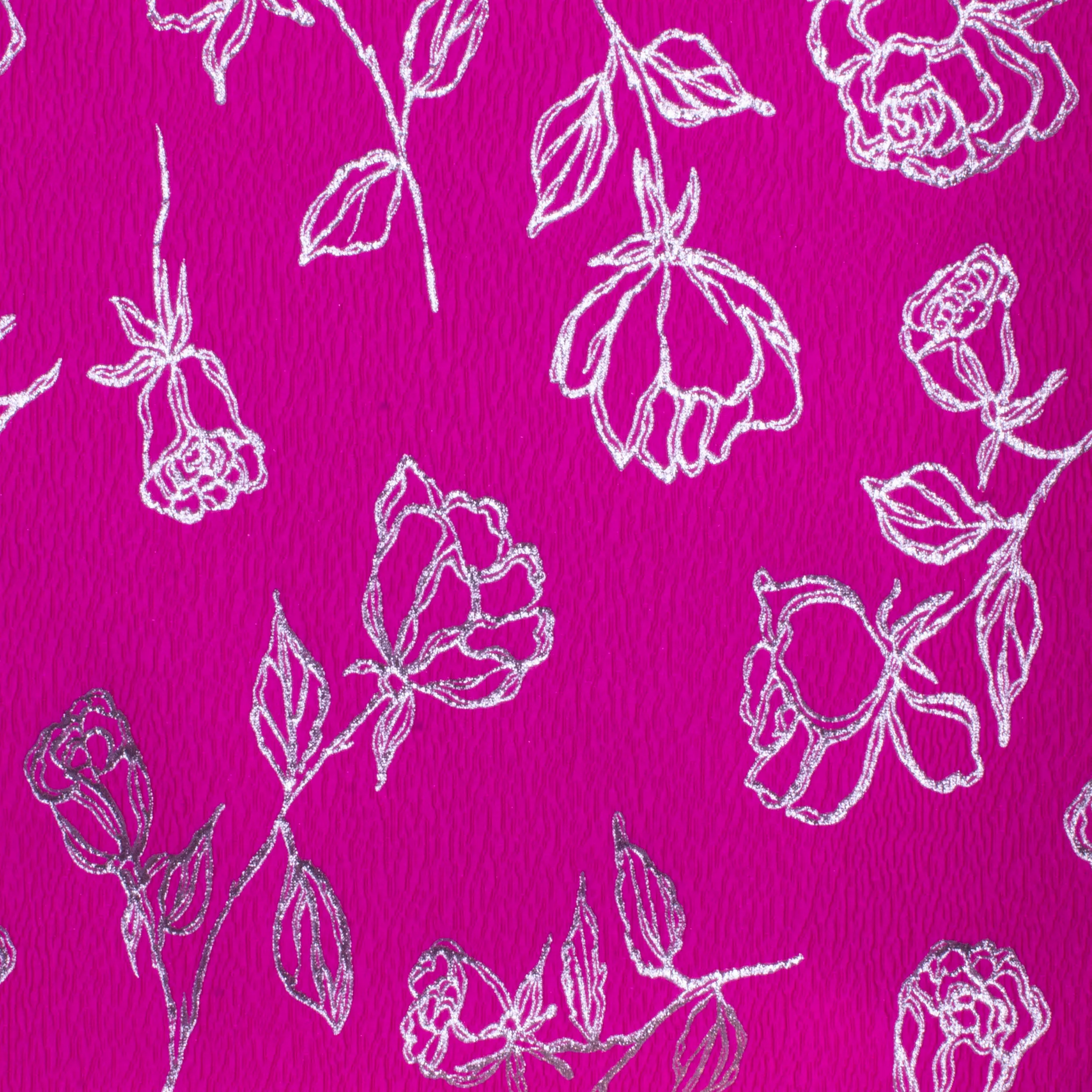 Fuchsia jacquard met zilveren glitter bloemen in polyester mengeling